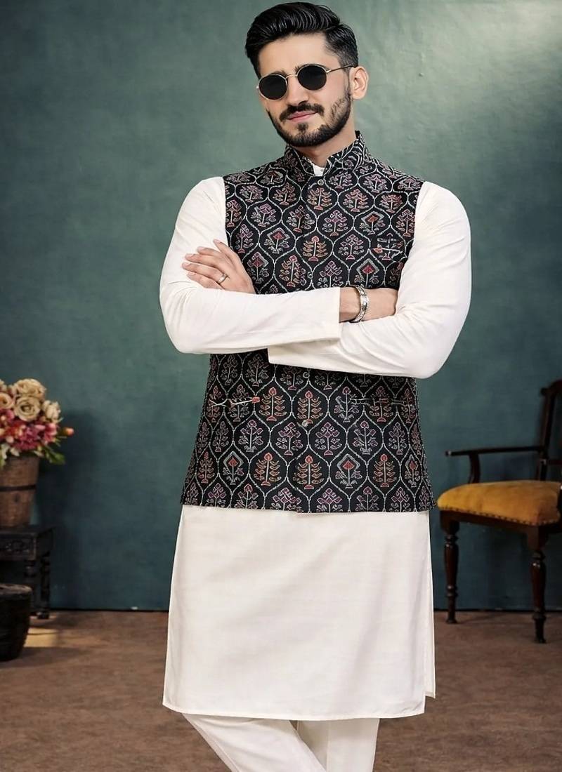 black jacquard weaving cotton silk koti kurta pajama set