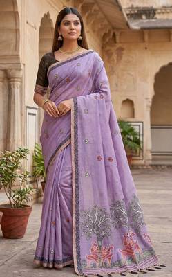 lavender muga cotton meenakari ajrakh pallu saree 1