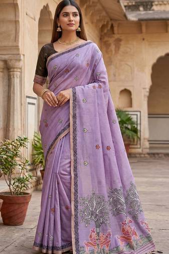 Lavender muga cotton meenakari & azarakh pallu saree with contrast blouse