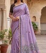 lavender muga cotton meenakari ajrakh pallu saree