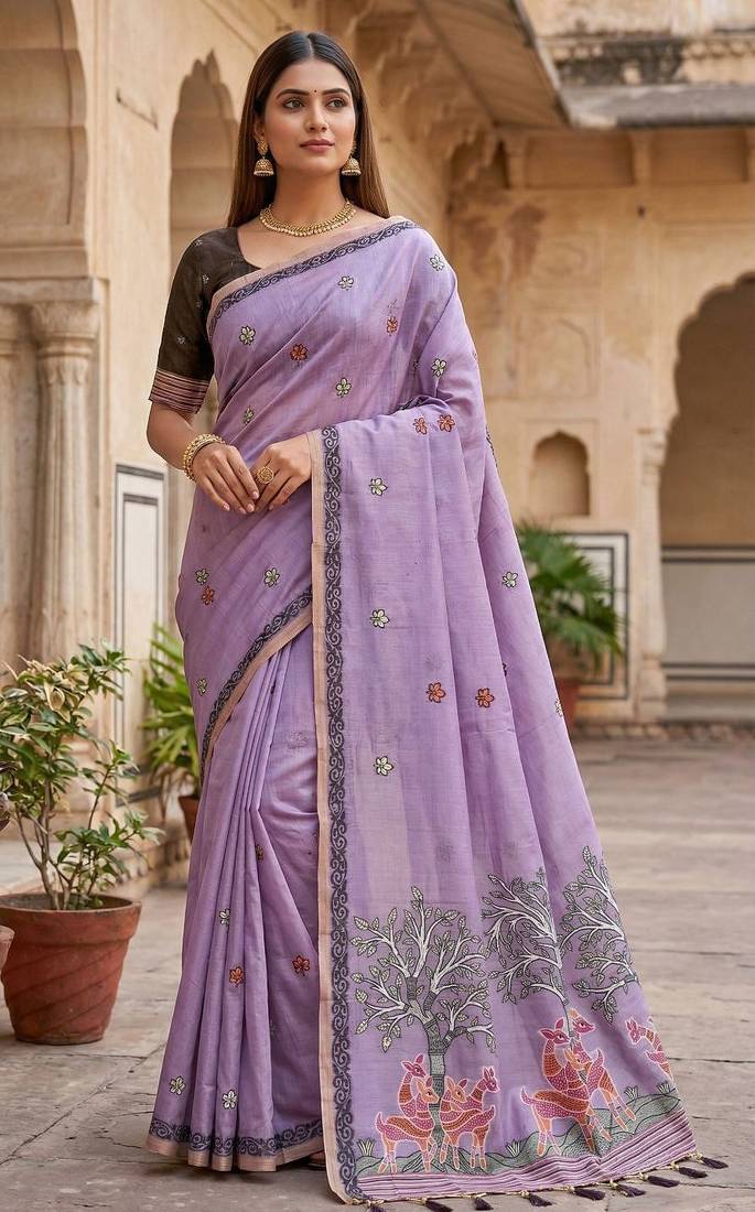 Lavender muga cotton meenakari & azarakh pallu saree with contrast blouse