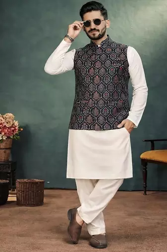 black jacquard weaving cotton silk koti kurta pajama set