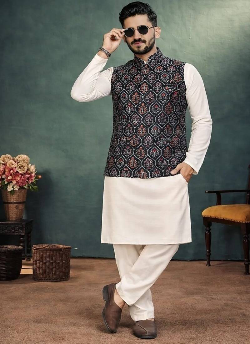 black jacquard weaving cotton silk koti kurta pajama set