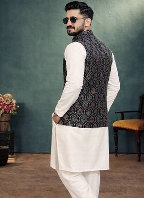 black jacquard weaving cotton silk koti kurta pajama set 4