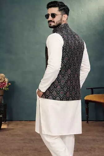 black jacquard weaving cotton silk koti kurta pajama set