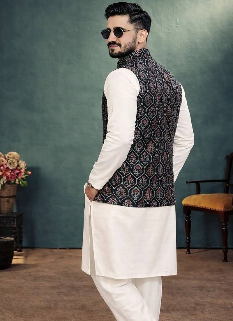 black jacquard weaving cotton silk koti kurta pajama set