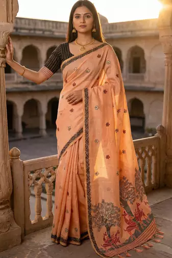 peach muga cotton meenakari ajrakh pallu saree