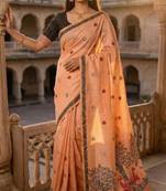 peach muga cotton meenakari ajrakh pallu saree