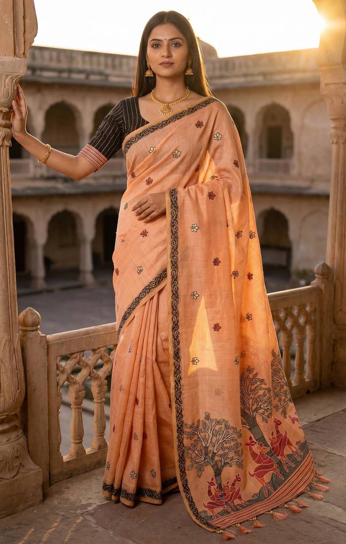Peach muga cotton meenakari & azarakh pallu saree with contrast blouse