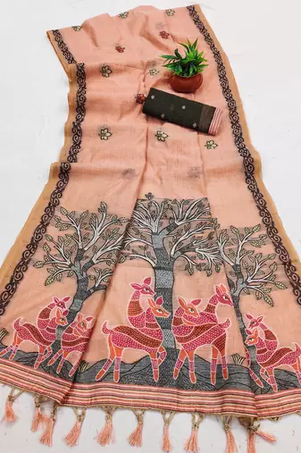peach muga cotton meenakari ajrakh pallu saree