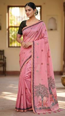 pink muga cotton meenakari ajrakh pallu saree 1