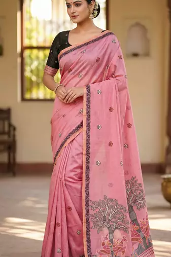 pink muga cotton meenakari ajrakh pallu saree