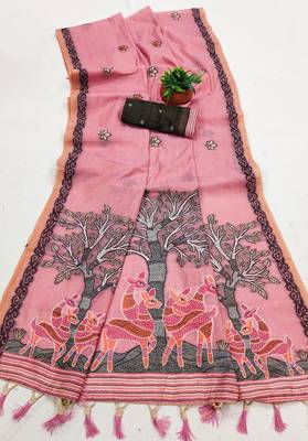 pink muga cotton meenakari ajrakh pallu saree 2
