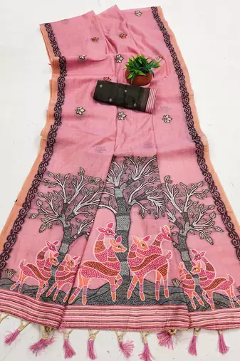 pink muga cotton meenakari ajrakh pallu saree
