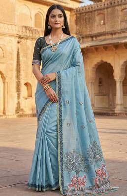 sky blue muga cotton meenakari ajrakh pallu saree

 1
