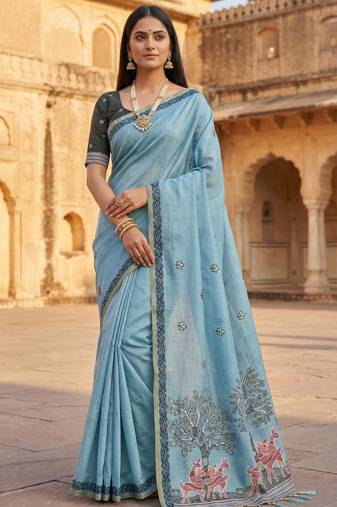 sky blue muga cotton meenakari ajrakh pallu saree

