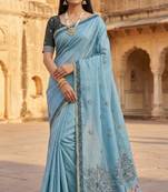 sky blue muga cotton meenakari ajrakh pallu saree

