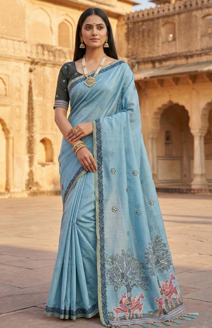 Sky blue muga cotton meenakari & azarakh pallu saree with contrast blouse
