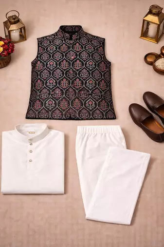black jacquard weaving cotton silk koti kurta pajama set