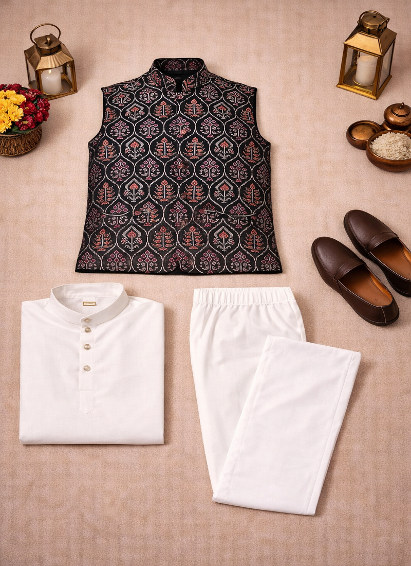 black jacquard weaving cotton silk koti kurta pajama set