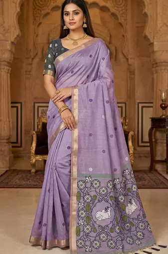 lavender muga cotton saree with meenakari ajrakh pallu