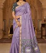 lavender muga cotton saree with meenakari ajrakh pallu
