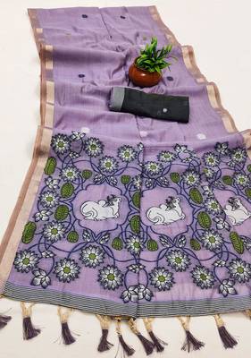 lavender muga cotton saree with meenakari ajrakh pallu 2