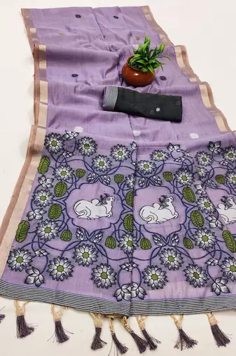 lavender muga cotton saree with meenakari ajrakh pallu