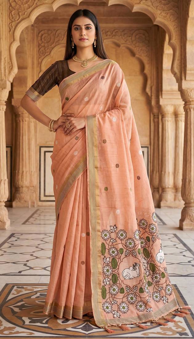 Peach muga cotton meenakari & azarakh pallu saree with contrast blouse