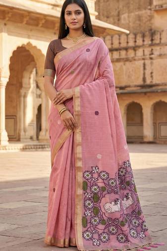 pink muga cotton saree with meenakari ajrakh pallu