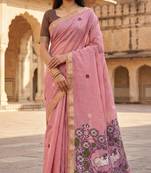 pink muga cotton saree with meenakari ajrakh pallu