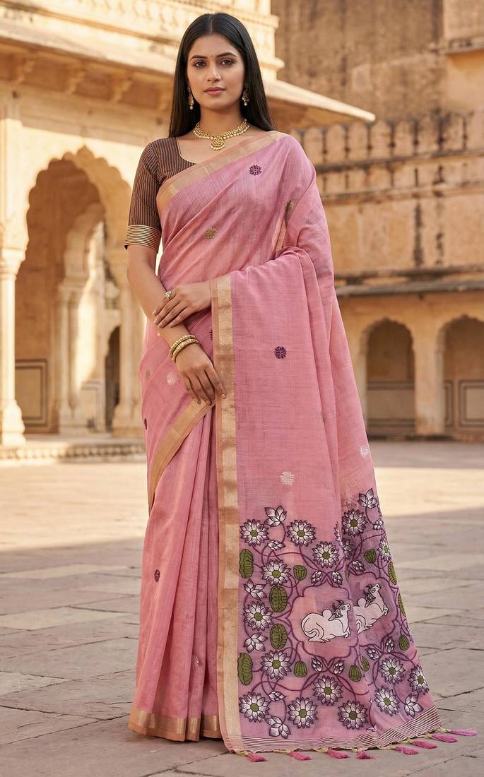 Pink muga cotton meenakari & azarakh pallu saree with contrast blouse