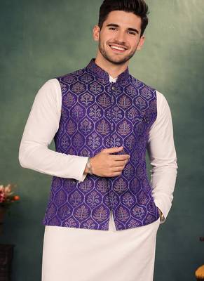 purple jacquard weaving cotton silk koti kurta pajama set 1