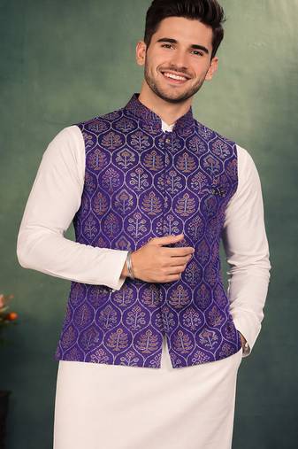 purple jacquard weaving cotton silk koti kurta pajama set