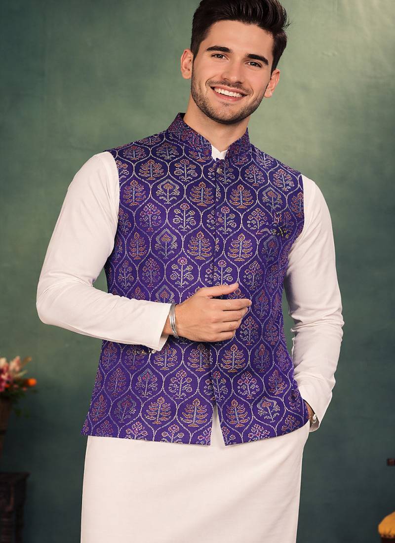 purple jacquard weaving cotton silk koti kurta pajama set