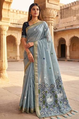 Sky blue muga cotton meenakari & azarakh pallu saree with contrast blouse