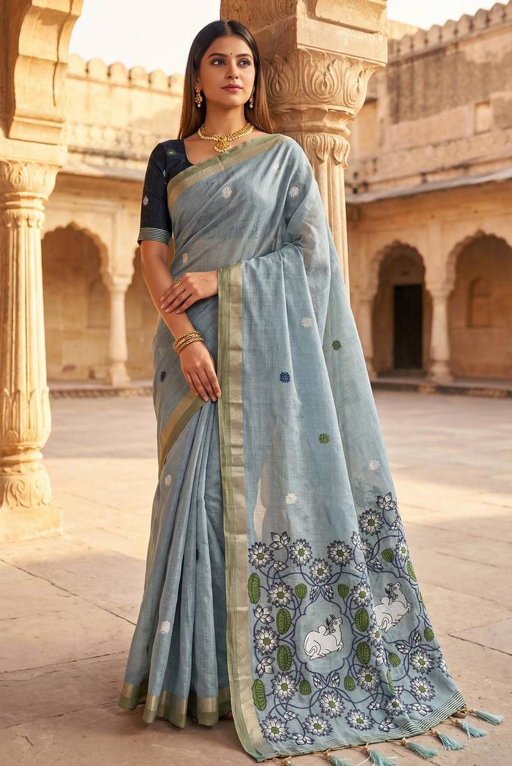 Sky blue muga cotton meenakari & azarakh pallu saree with contrast blouse