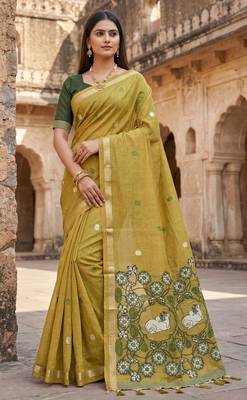 yellow muga cotton saree with meenakari ajrakh pallu 1