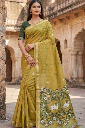 yellow muga cotton saree with meenakari ajrakh pallu
