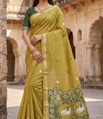 yellow muga cotton saree with meenakari ajrakh pallu