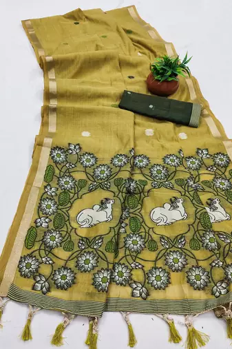 yellow muga cotton saree with meenakari ajrakh pallu