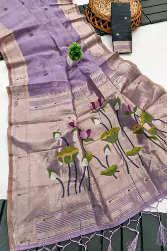 lavender muga cotton saree with meenakari & munia weaving pallu