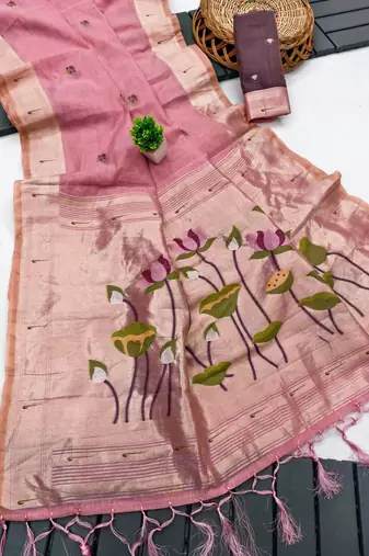 pink muga cotton saree with meenakari & munia weaving pallu