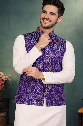 purple jacquard weaving cotton silk koti kurta pajama set