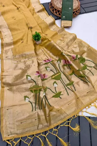 yellow muga cotton saree with meenakari & munia weaving pallu