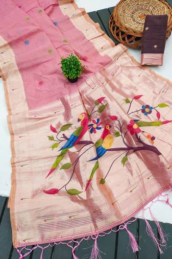 Pink muga cotton meenakari & munia weaving pallu saree with contrast blouse