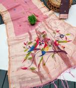 Pink muga cotton meenakari & munia weaving pallu saree with contrast blouse