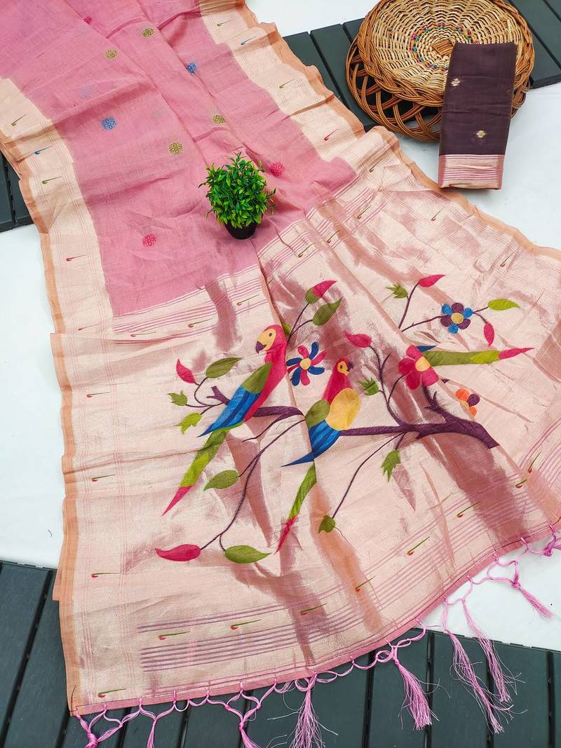 Pink muga cotton meenakari & munia weaving pallu saree with contrast blouse