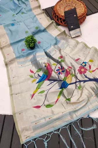 sky blue muga cotton meenakari munia weaving pallu saree