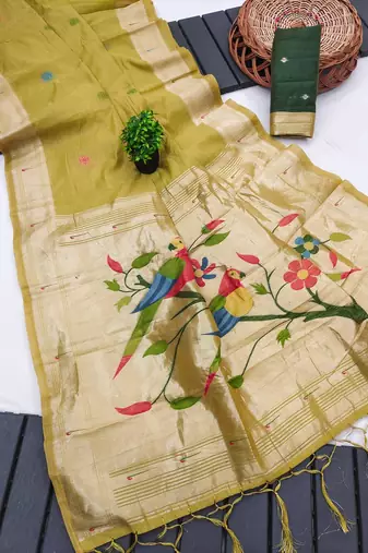 yellow muga cotton meenakari munia weaving pallu saree